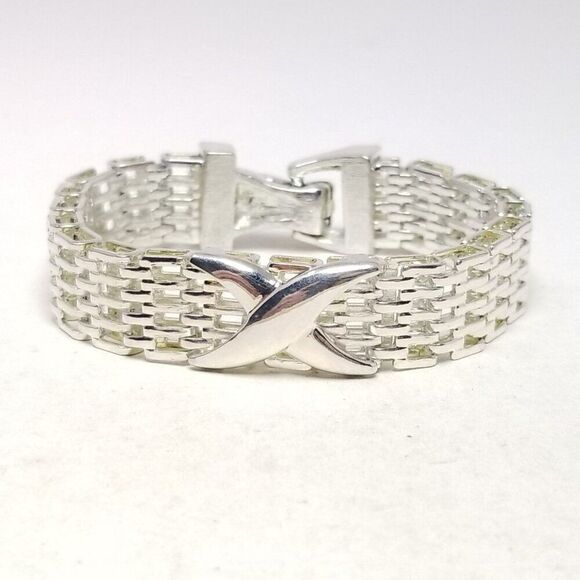 Vintage Lattice Chain Bracelet with X Design Center, Silver Tone Metal, Estate - Picture 2 of 5